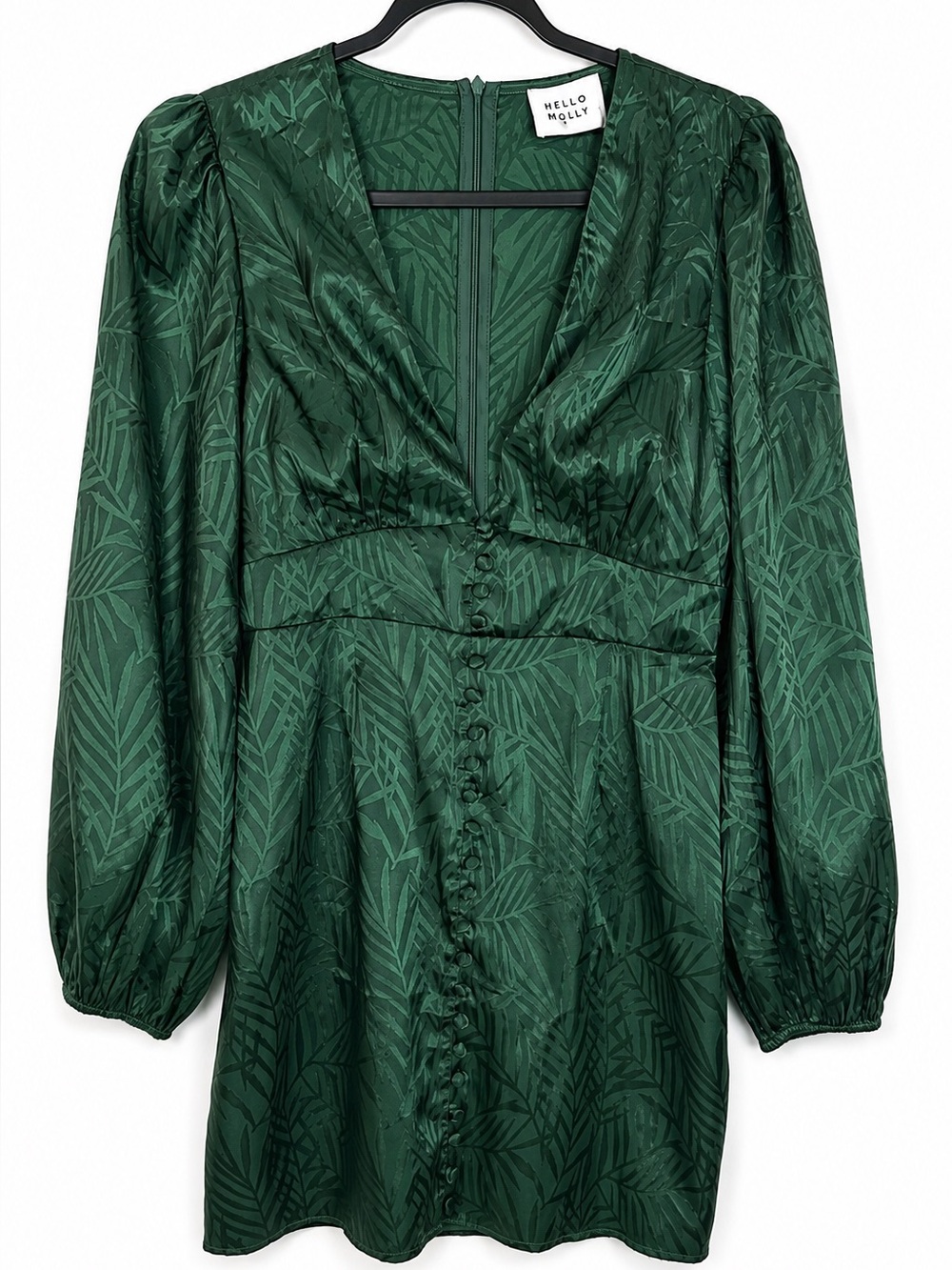 Hello Molly Heart Eyes Emerald Green Satin Palm Print Long Sleeve Mini Dress 12‎